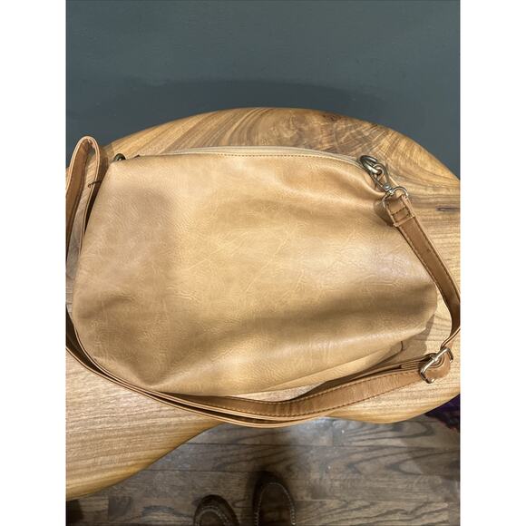 Leather Tan Purse Handbag Gold Accents Adjustable Straps - Picture 8 of 9
